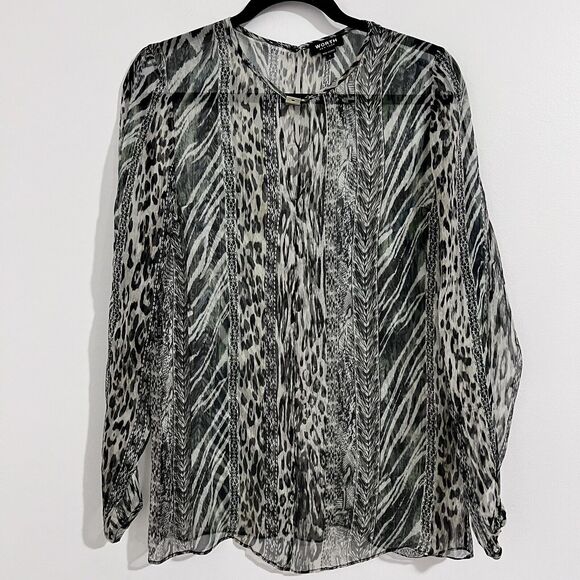 Worth New York Green Sheer Blouse Size 4 Animal Print Long Sleeve Side Slit Top - Picture 1 of 7